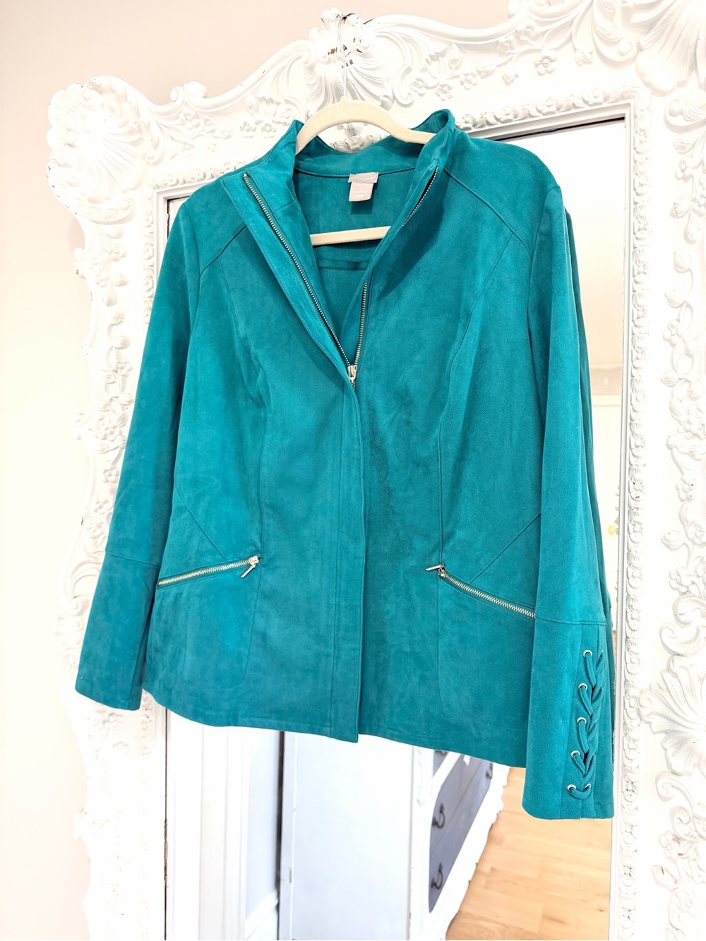 Chico’s Turquoise Teal Suede Zip-Front Lace Up Sleeve Women's Jacket